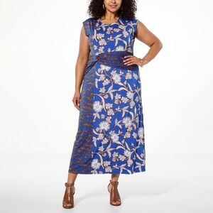 IMAN Global Chic Cap-Sleeve Draped Detail Dress - Cobalt Blue Floral - 1X